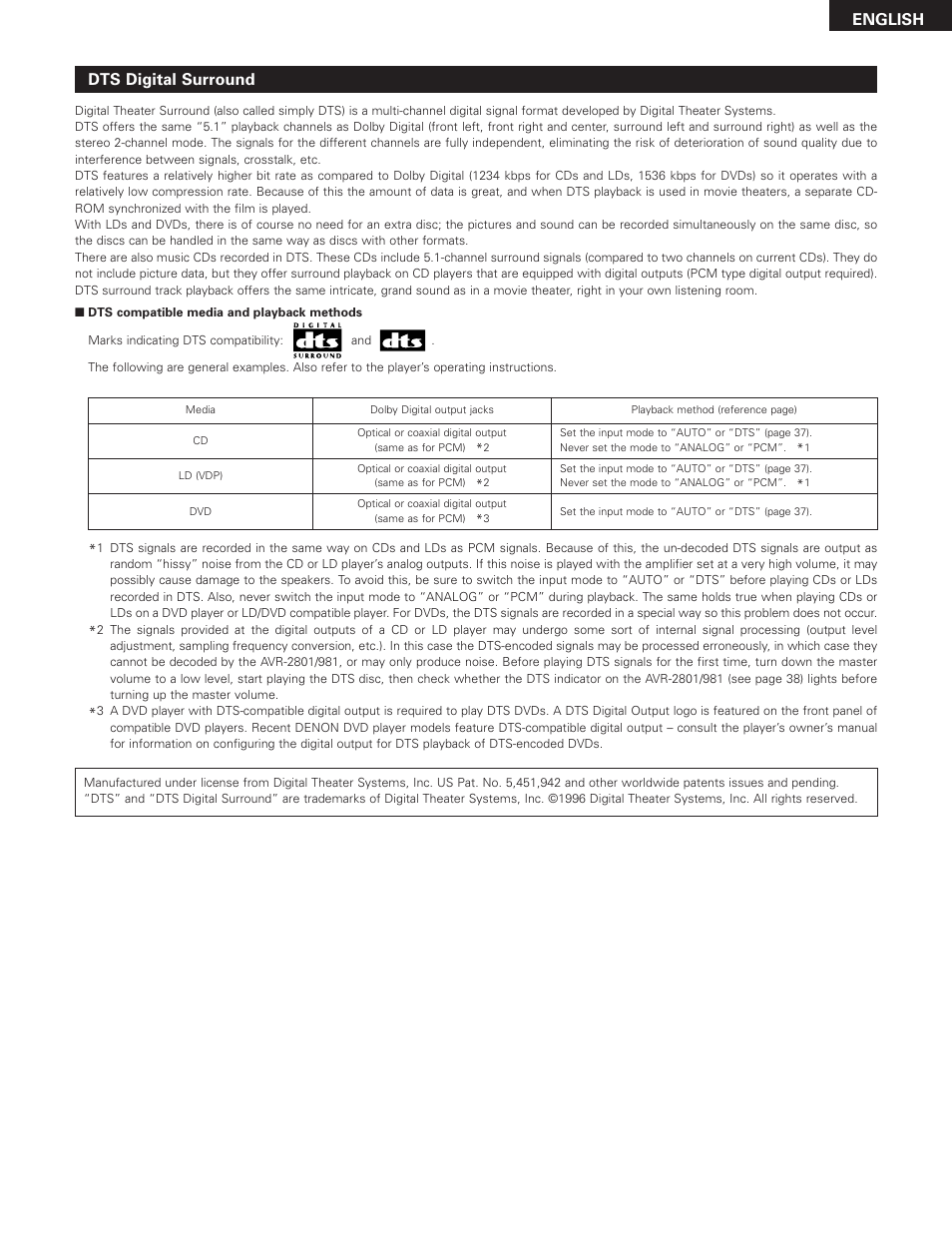 English, Dts digital surround | Denon AVR-2801 User Manual | Page 51 / 54