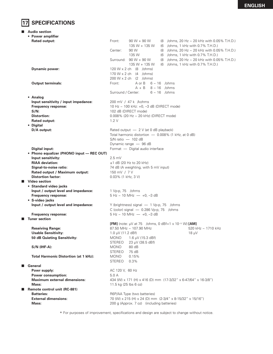 Specifications, 53 17 specifications, English | Denon AVR-2801 User Manual | Page 53 / 54
