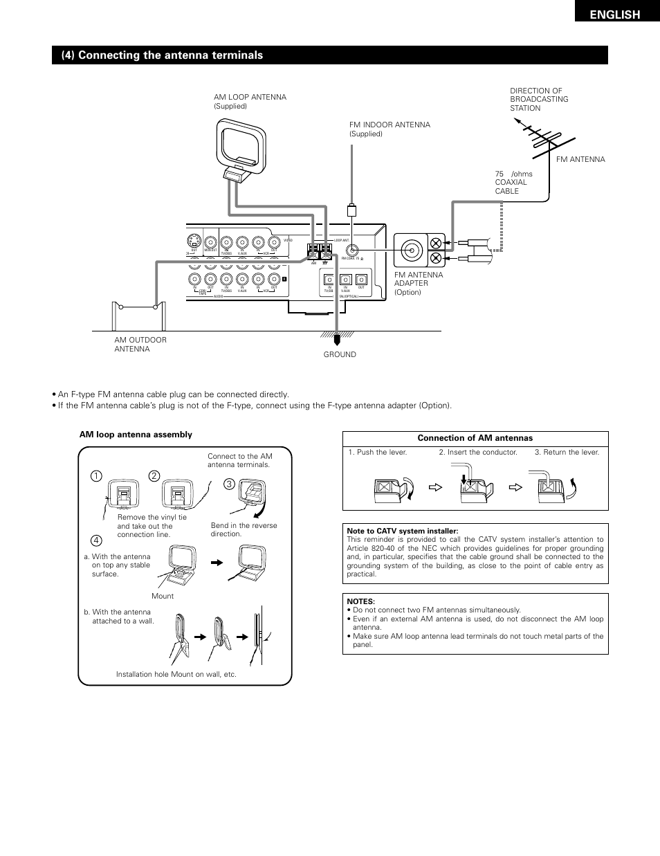 English, 4) connecting the antenna terminals, Am loop antenna assembly | Connection of am antennas | Denon ADV-1000 User Manual | Page 11 / 88