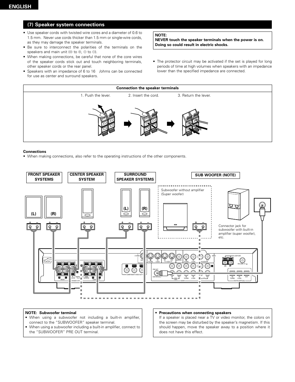 English (7) speaker system connections, L) (r) (l) (r) | Denon ADV-1000 User Manual | Page 14 / 88