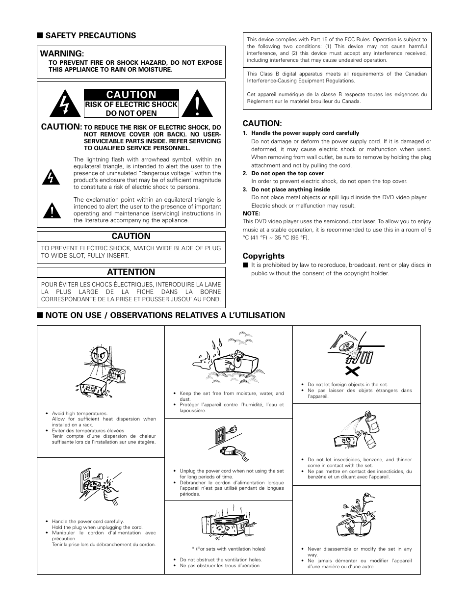 Caution, Attention, Warning | Safety precautions, Copyrights | Denon ADV-1000 User Manual | Page 2 / 88