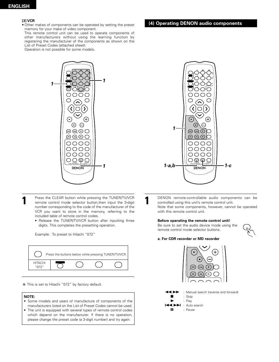 A,b 1 1-c ,z, English, 4) operating denon audio components | Denon ADV-1000 User Manual | Page 20 / 88