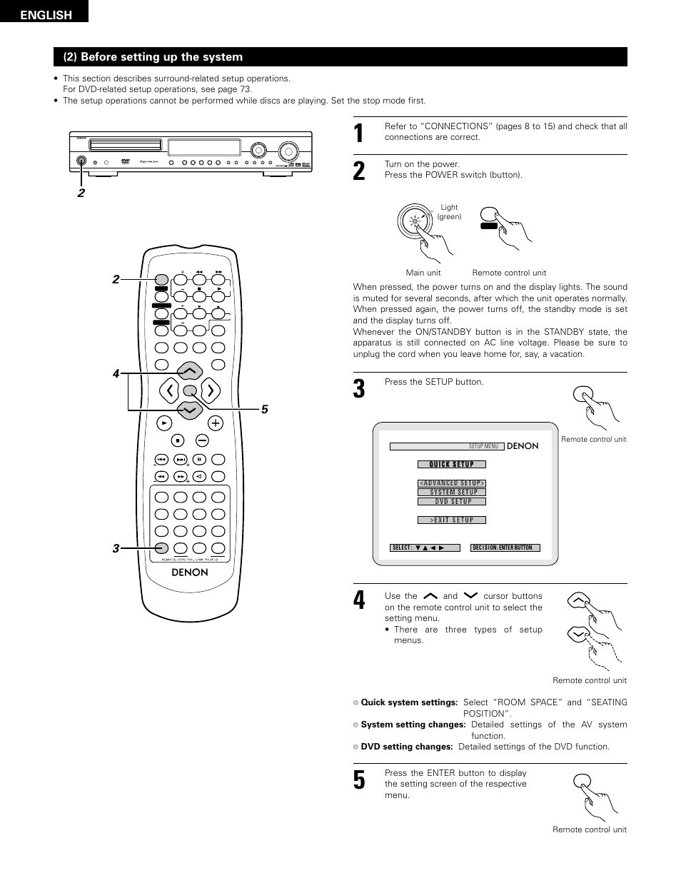 English (2) before setting up the system | Denon ADV-1000 User Manual | Page 24 / 88