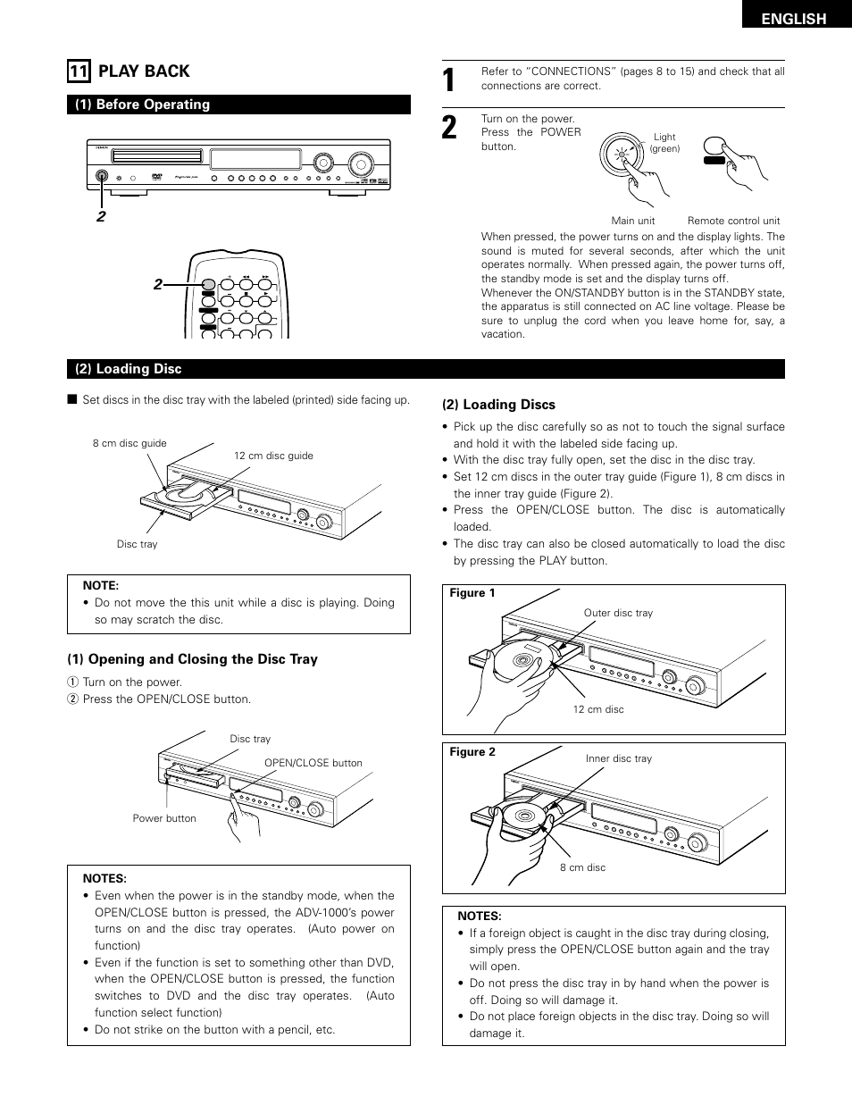 Play back, 11 play back, English | 1) opening and closing the disc tray, 2) loading discs, 1) before operating (2) loading disc, Dvd auto dig digital | Denon ADV-1000 User Manual | Page 31 / 88