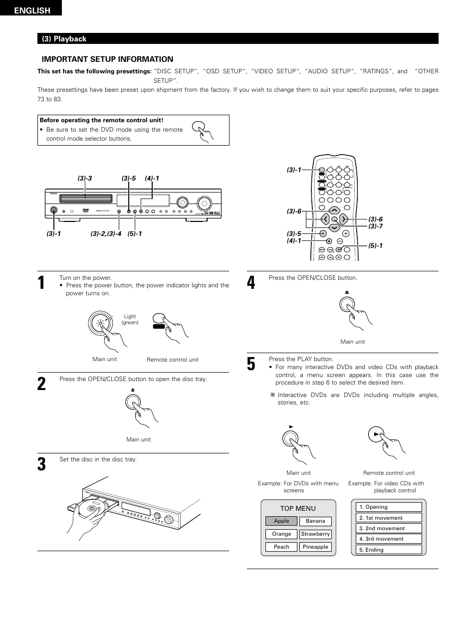 English, Important setup information, 3) playback | Dvd auto dig digital, Top menu | Denon ADV-1000 User Manual | Page 32 / 88