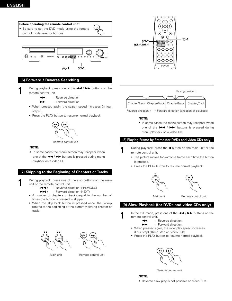 English, 9) slow playback (for dvds and video cds only) | Denon ADV-1000 User Manual | Page 34 / 88