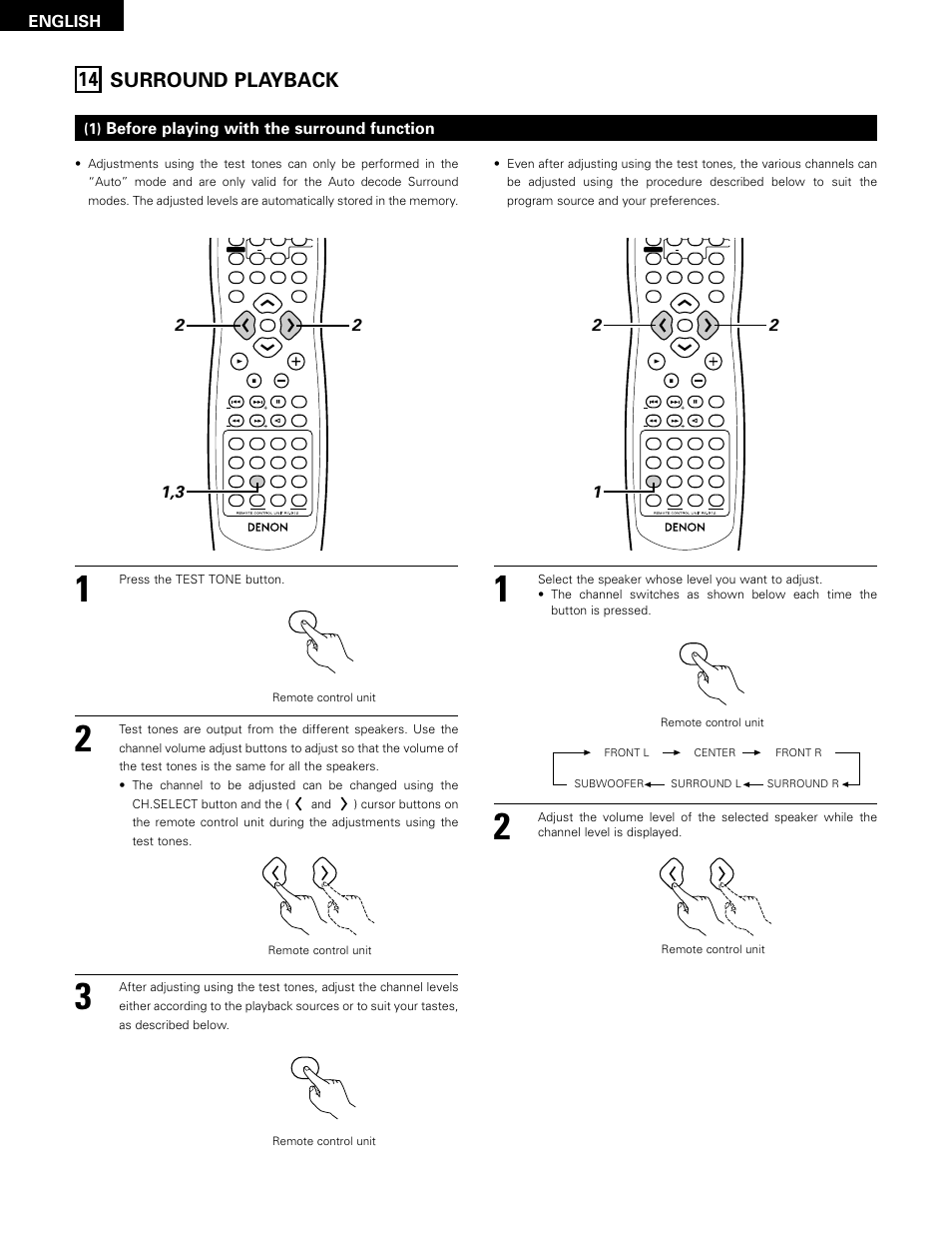 Surround playback, 14 surround playback, English | Before playing with the surround function, Press the test tone button | Denon ADV-1000 User Manual | Page 40 / 88