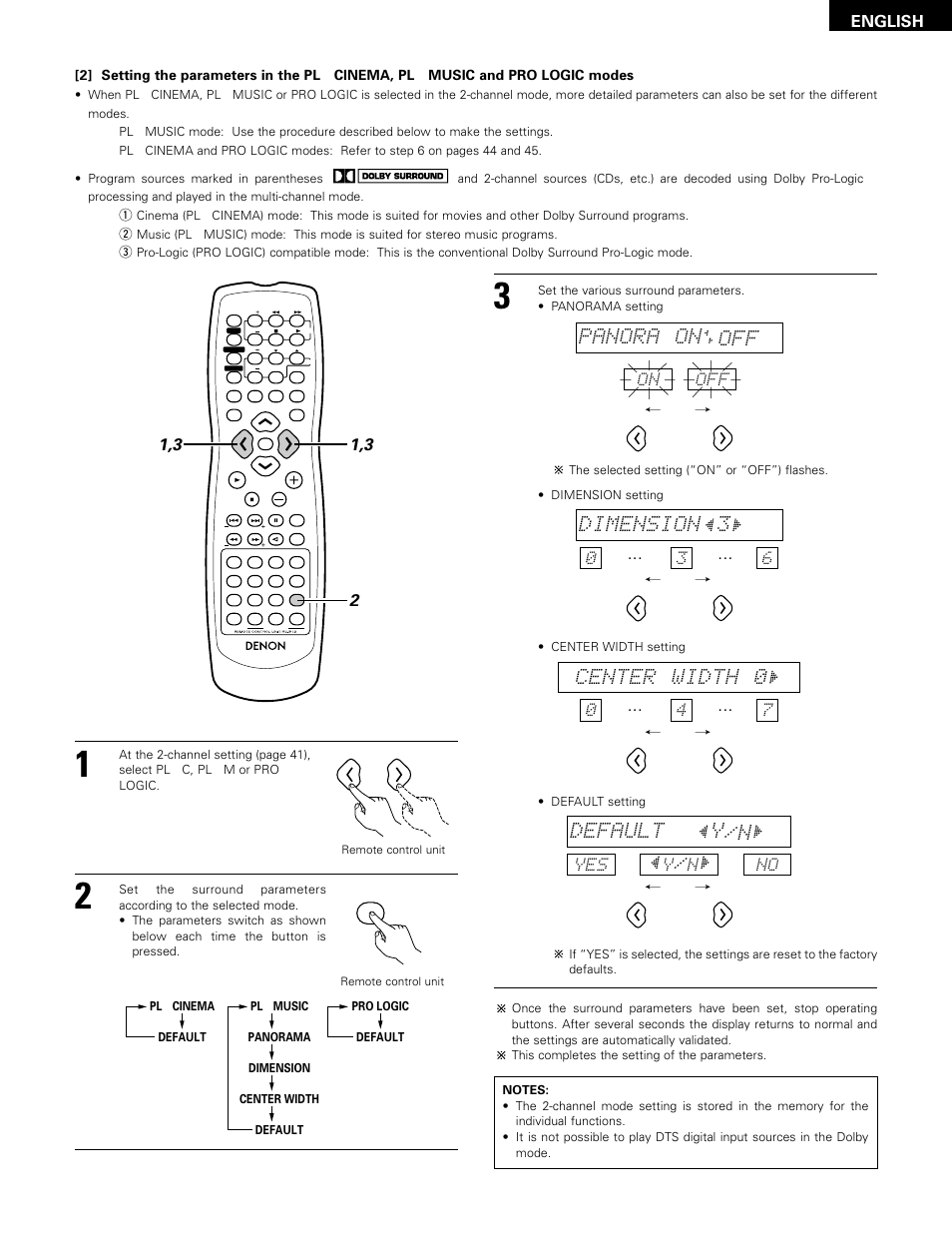 Panora on off, Dimension 3, Center width 0 | Default y/n, English, On off, Yes y | Denon ADV-1000 User Manual | Page 43 / 88