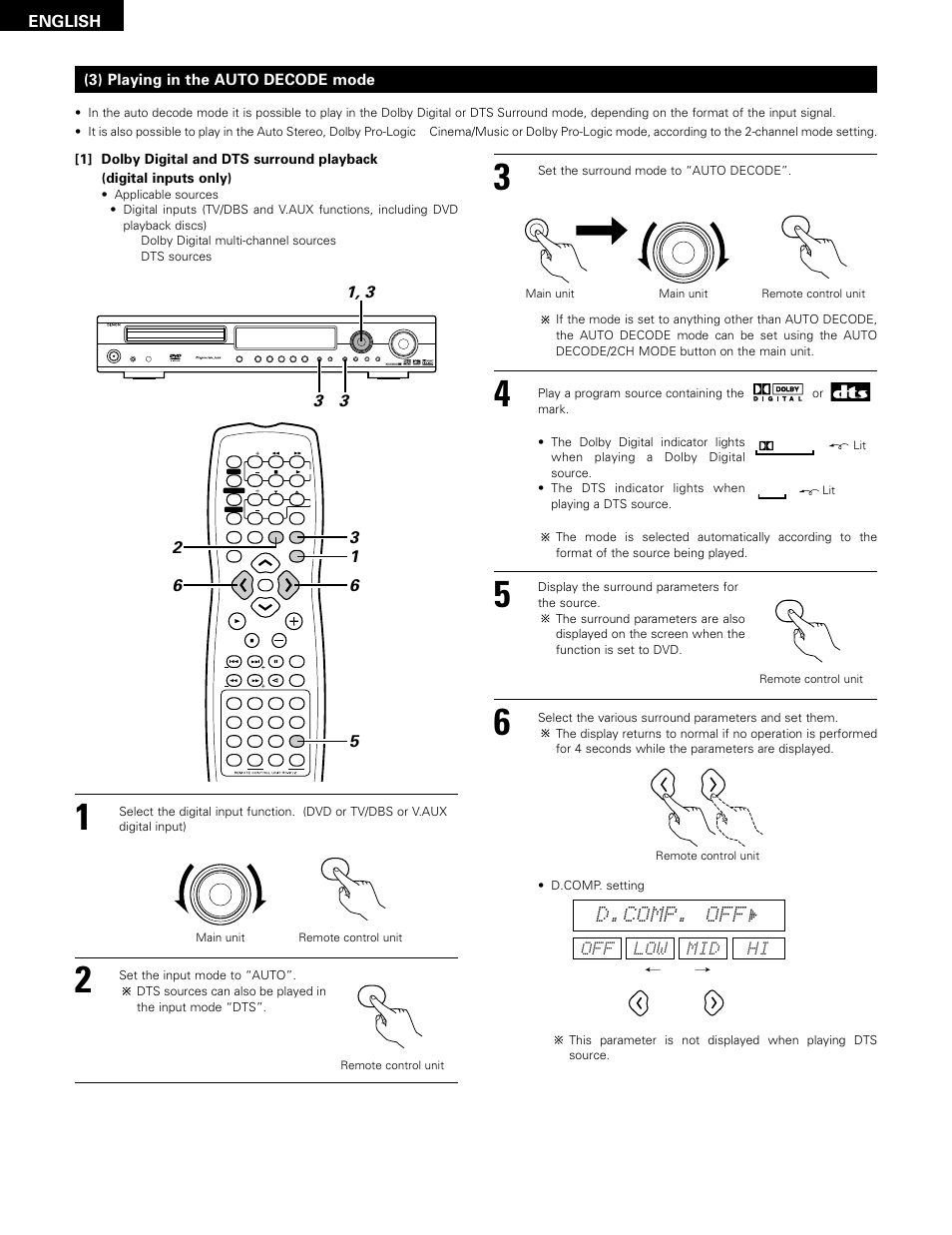 English, 3) playing in the auto decode mode, Off low mid hi | Denon ADV-1000 User Manual | Page 44 / 88
