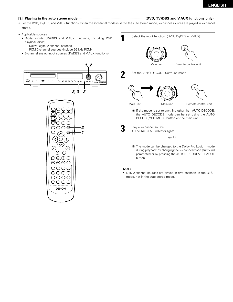 English, Select the input function. (dvd, tv/dbs or v.aux), Set the auto decode surround mode | Denon ADV-1000 User Manual | Page 47 / 88
