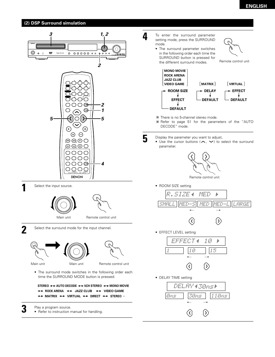 R.size med, Effect 10, Delay 30ms | English, 2) dsp surround simulation, Med-s med med-l large , / small | Denon ADV-1000 User Manual | Page 49 / 88