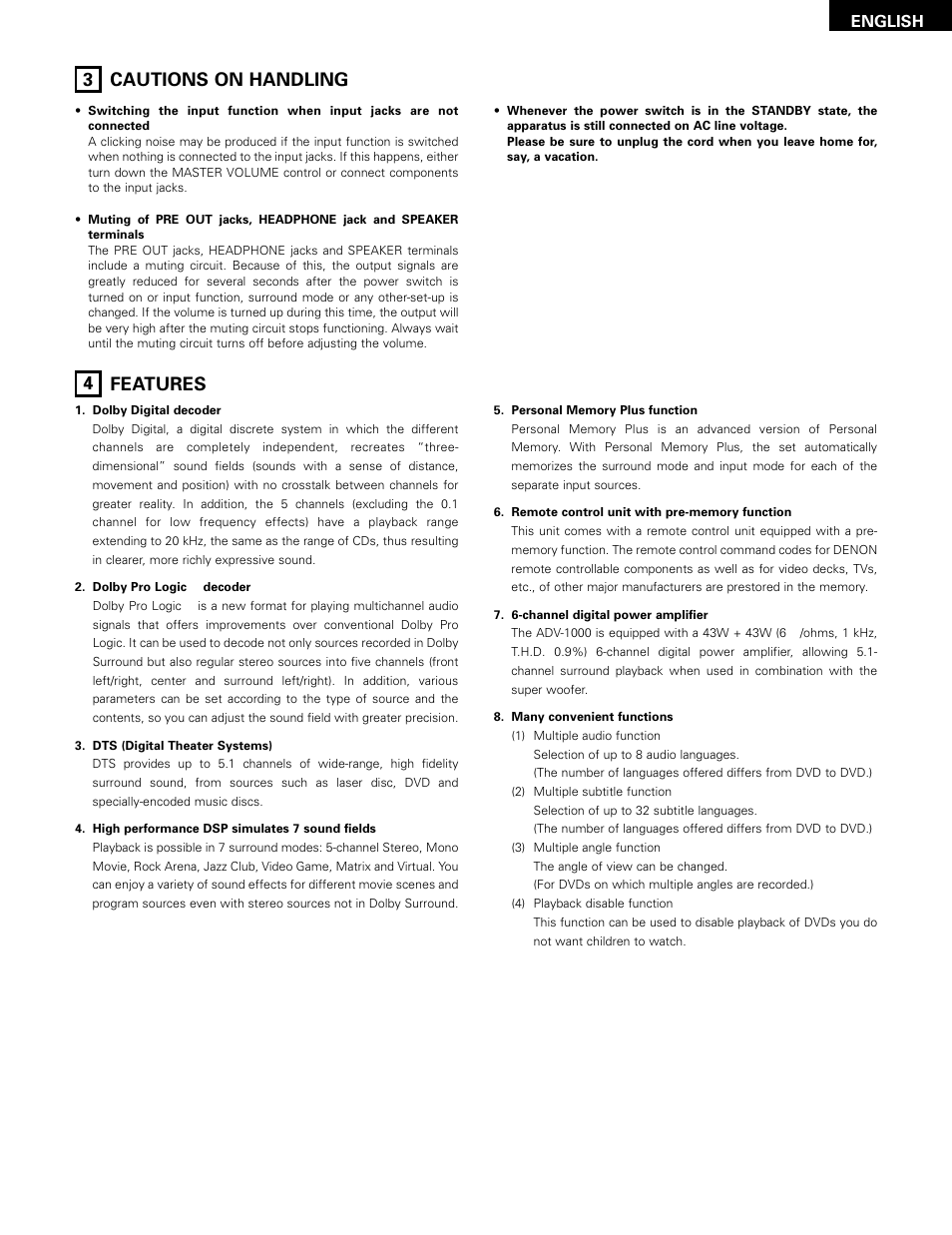 Cautions on handling, Features, 3 cautions on handling 4 features | English | Denon ADV-1000 User Manual | Page 5 / 88