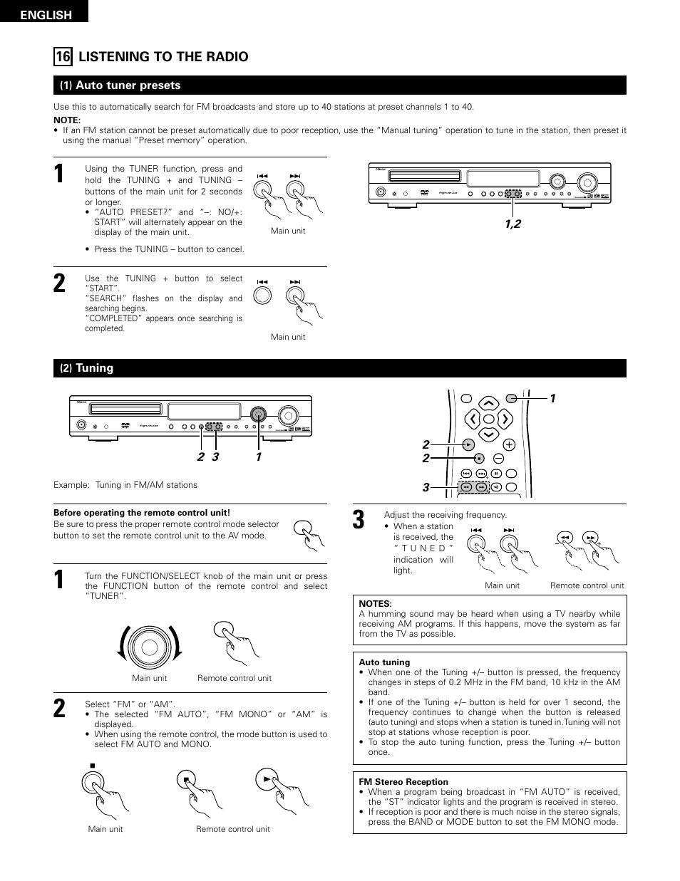 Listening to the radio, English, Auto tuner presets | Tuning | Denon ADV-1000 User Manual | Page 52 / 88