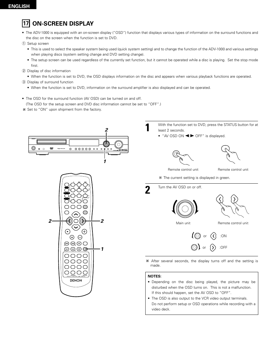 On-screen display, 17 on-screen display, English | The current setting is displayed in green, Turn the av osd on or off | Denon ADV-1000 User Manual | Page 54 / 88