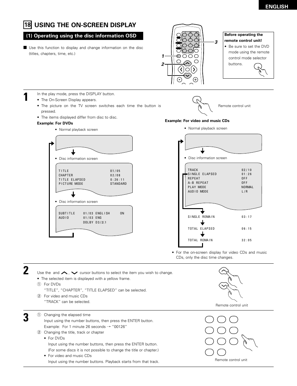 Using the on-screen display, 18 using the on-screen display, English | 1) operating using the disc information osd | Denon ADV-1000 User Manual | Page 55 / 88