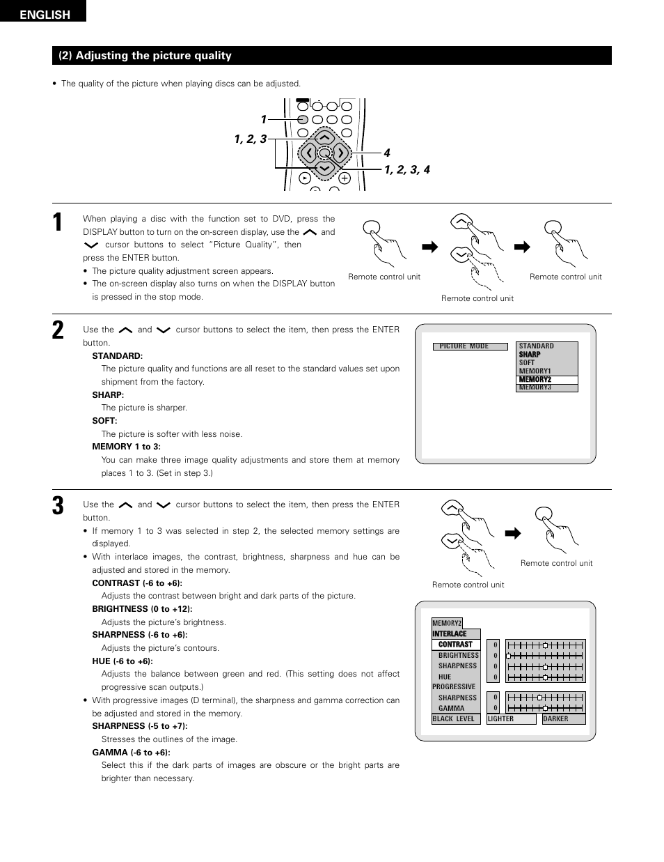 English (2) adjusting the picture quality | Denon ADV-1000 User Manual | Page 56 / 88