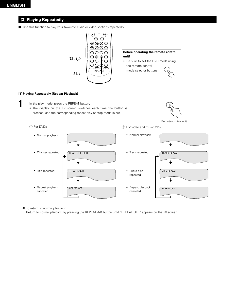 English, 3) playing repeatedly, 1] playing repeatedly (repeat playback) | W for video and music cds | Denon ADV-1000 User Manual | Page 58 / 88