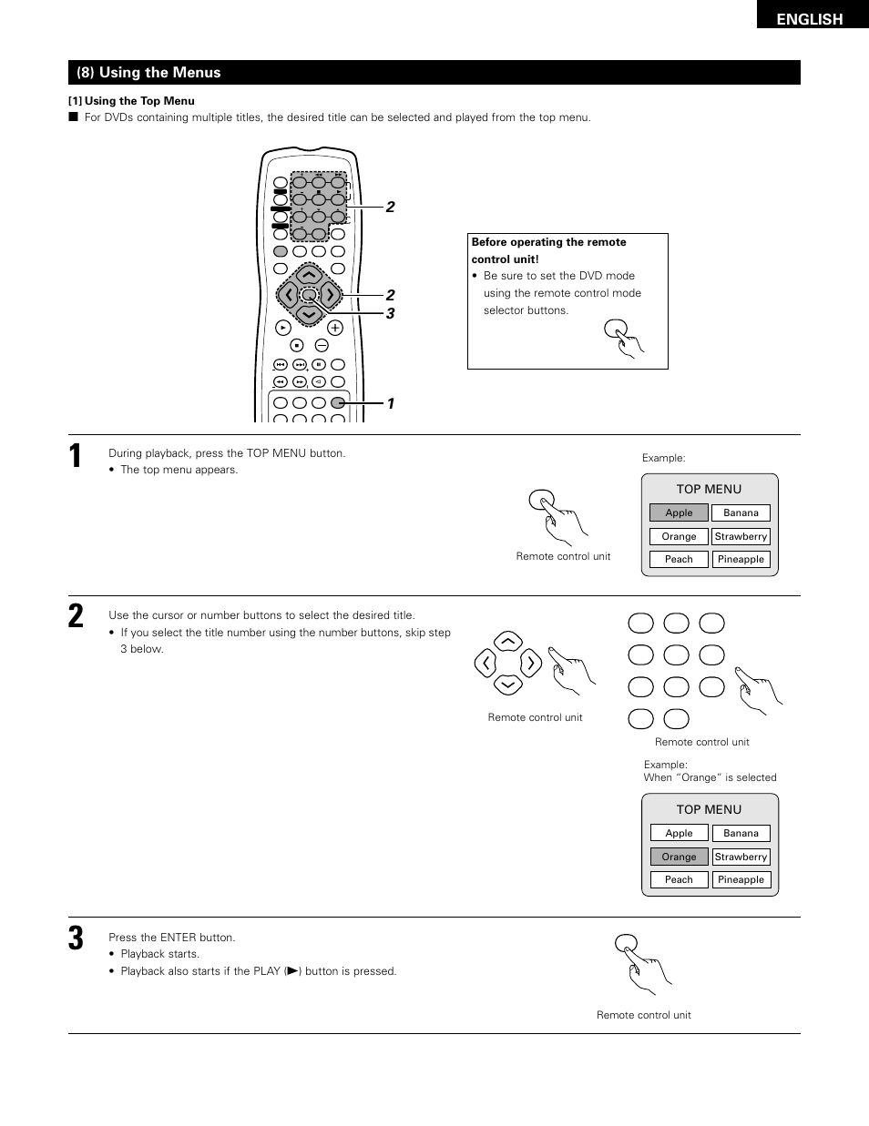 English (8) using the menus, Top menu | Denon ADV-1000 User Manual | Page 67 / 88