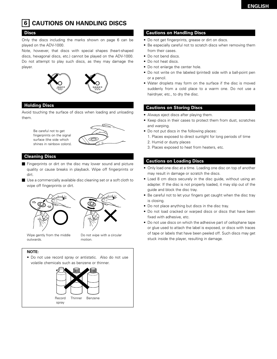 Cautions on handling discs, 6 cautions on handling discs | Denon ADV-1000 User Manual | Page 7 / 88