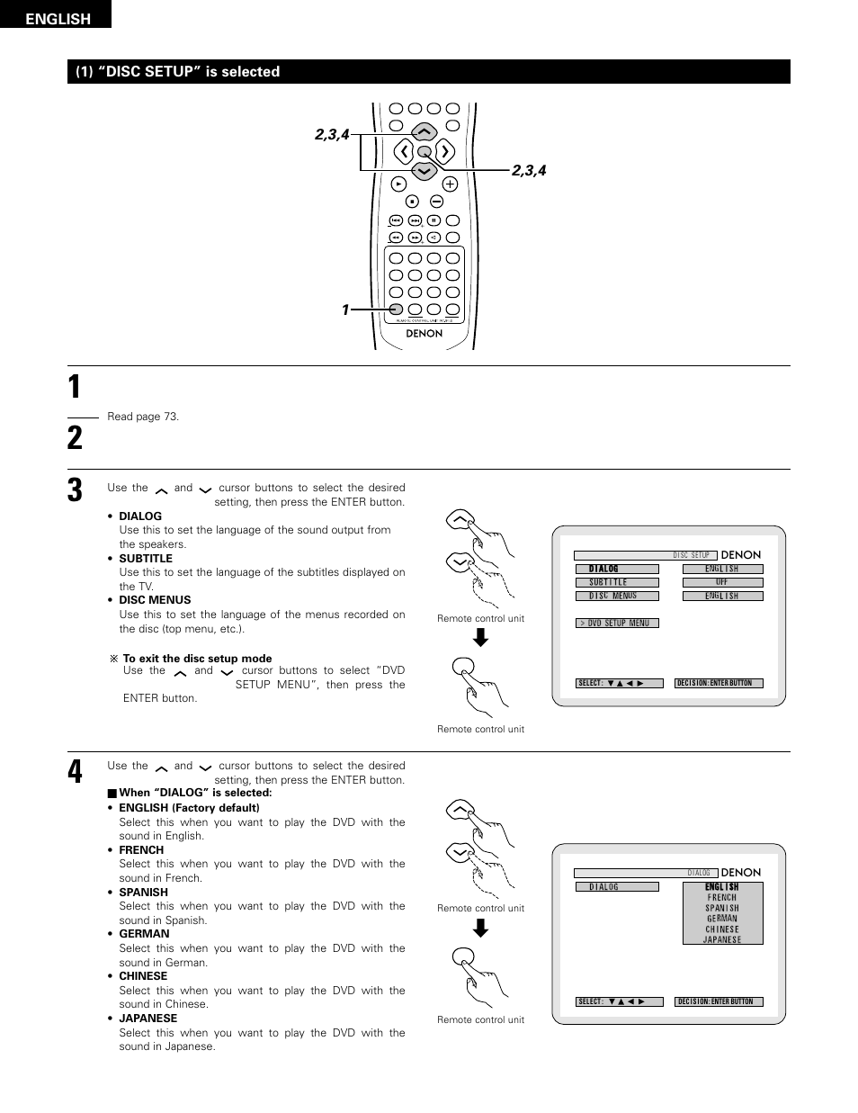 English, 1) “disc setup” is selected | Denon ADV-1000 User Manual | Page 74 / 88