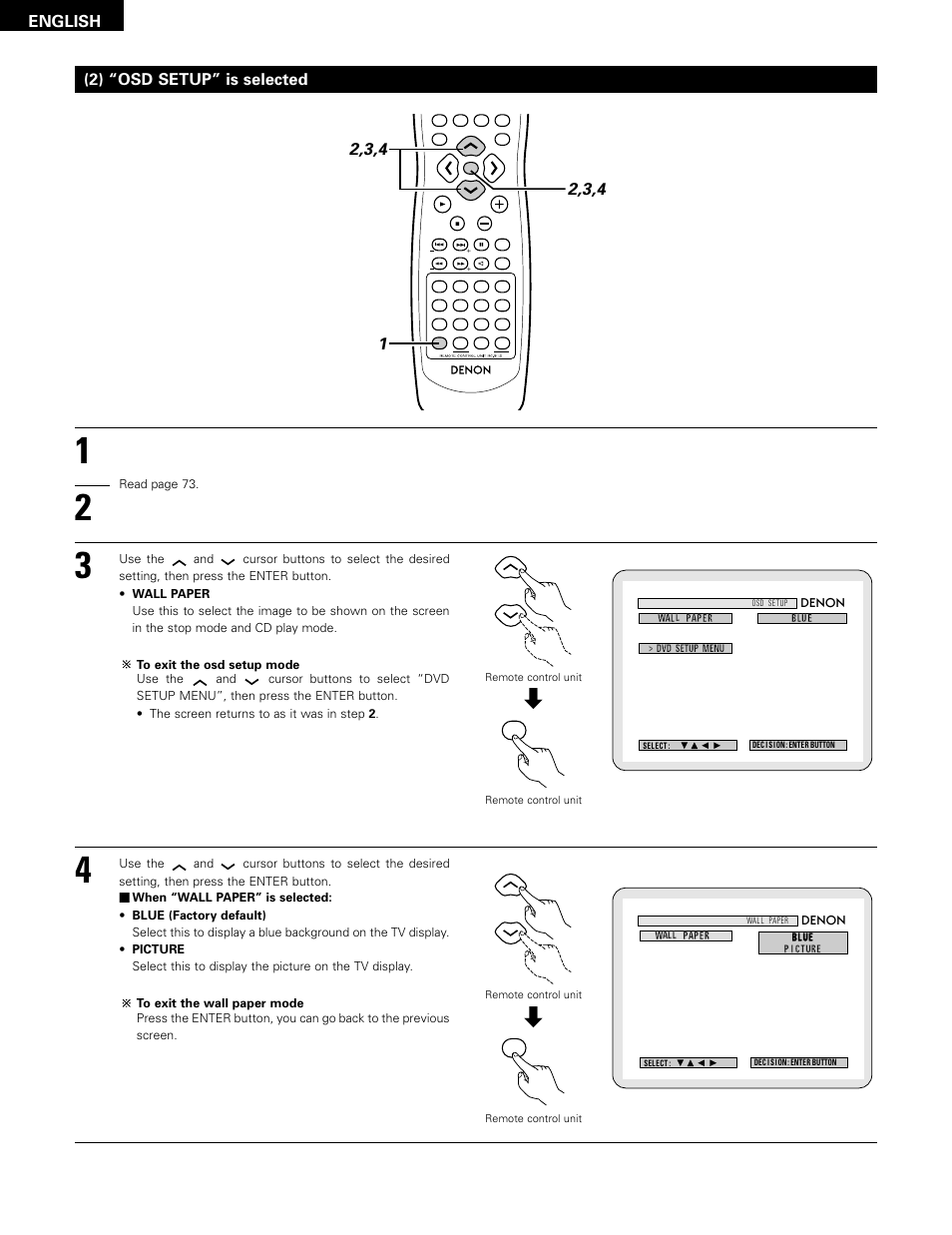 English, 2) “osd setup” is selected | Denon ADV-1000 User Manual | Page 76 / 88