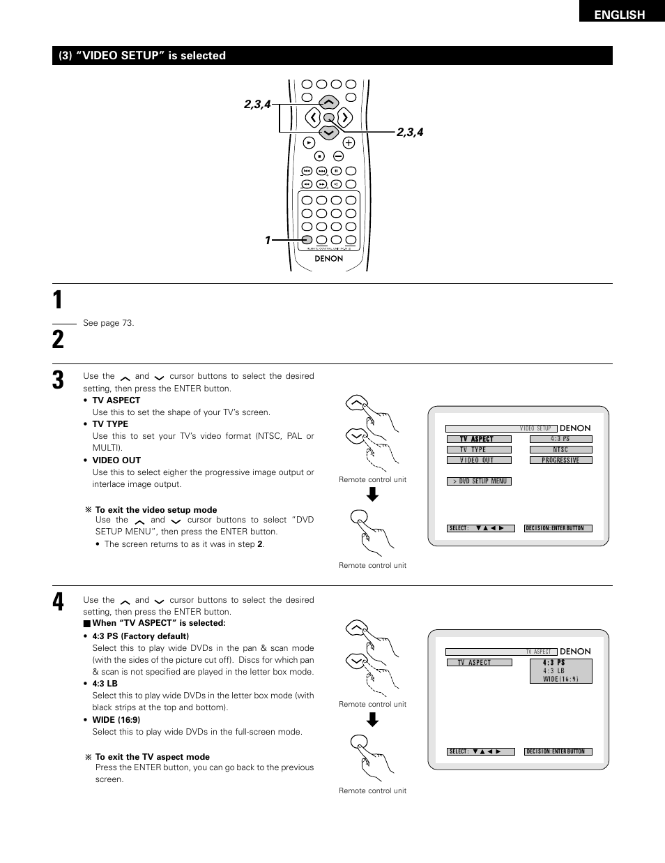 English, 3) “video setup” is selected | Denon ADV-1000 User Manual | Page 77 / 88
