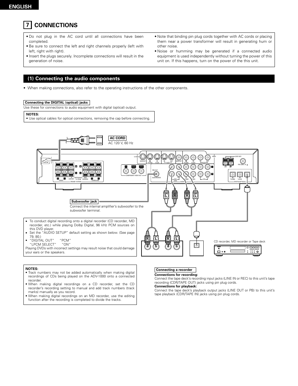 Connections, 7 connections, English | 1) connecting the audio components | Denon ADV-1000 User Manual | Page 8 / 88