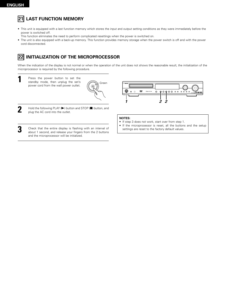 Last function memory, Initialization of the microprocessor | Denon ADV-1000 User Manual | Page 84 / 88