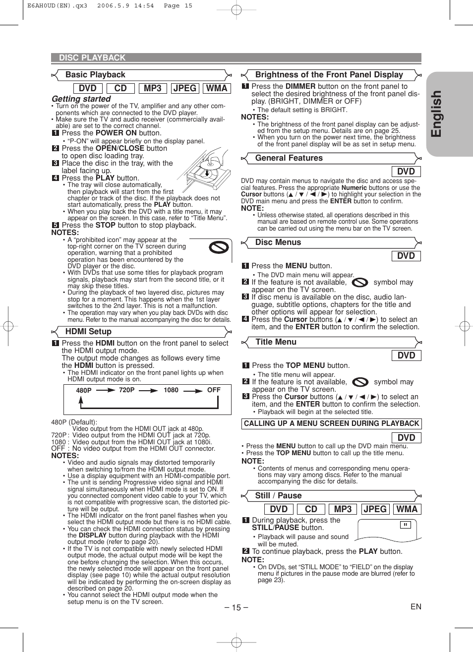 English, Wma jpeg mp3 cd dvd | Denon DVD-557 User Manual | Page 15 / 84