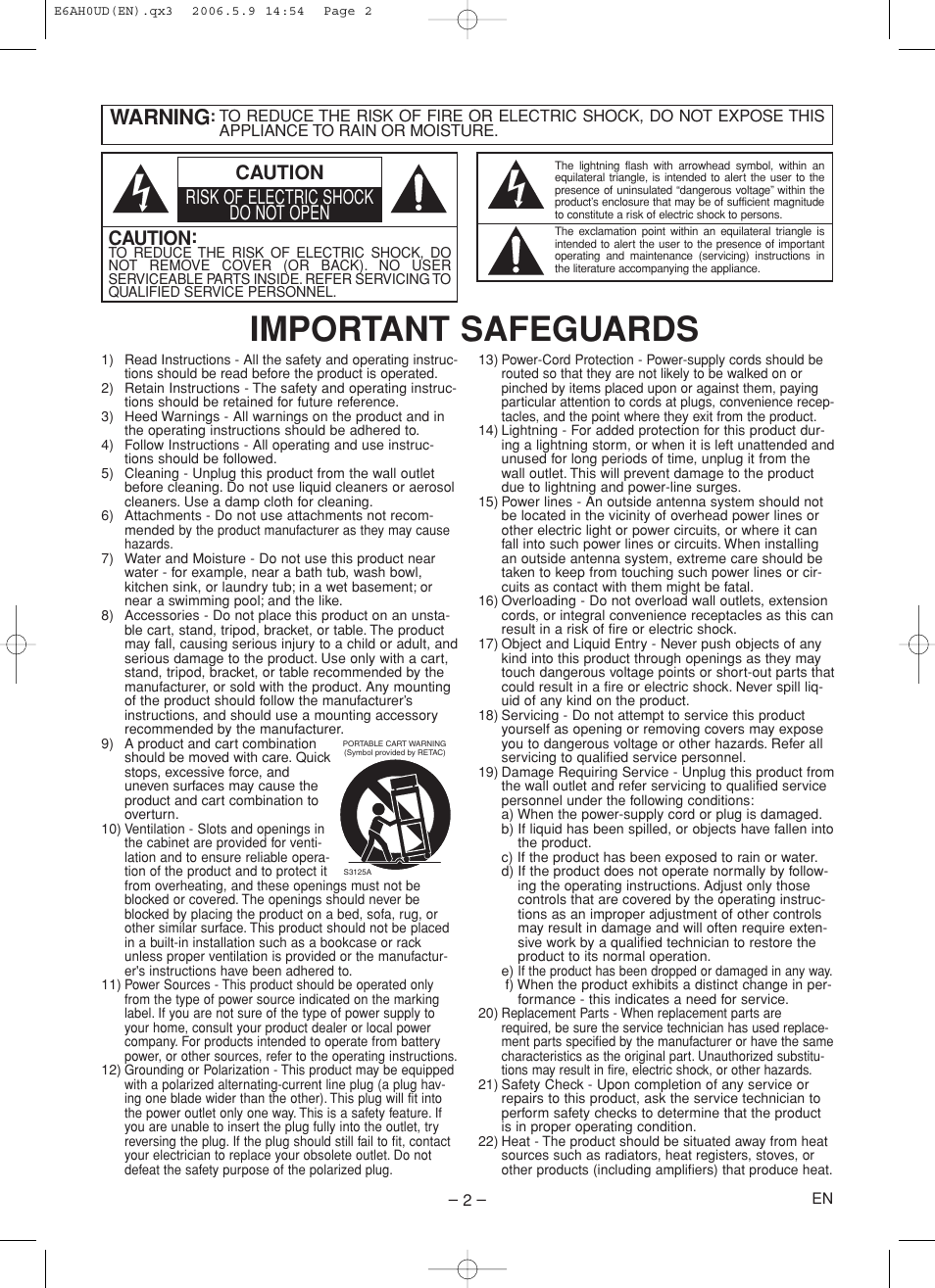 Important safeguards, Warning, Caution | Caution risk of electric shock do not open | Denon DVD-557 User Manual | Page 2 / 84