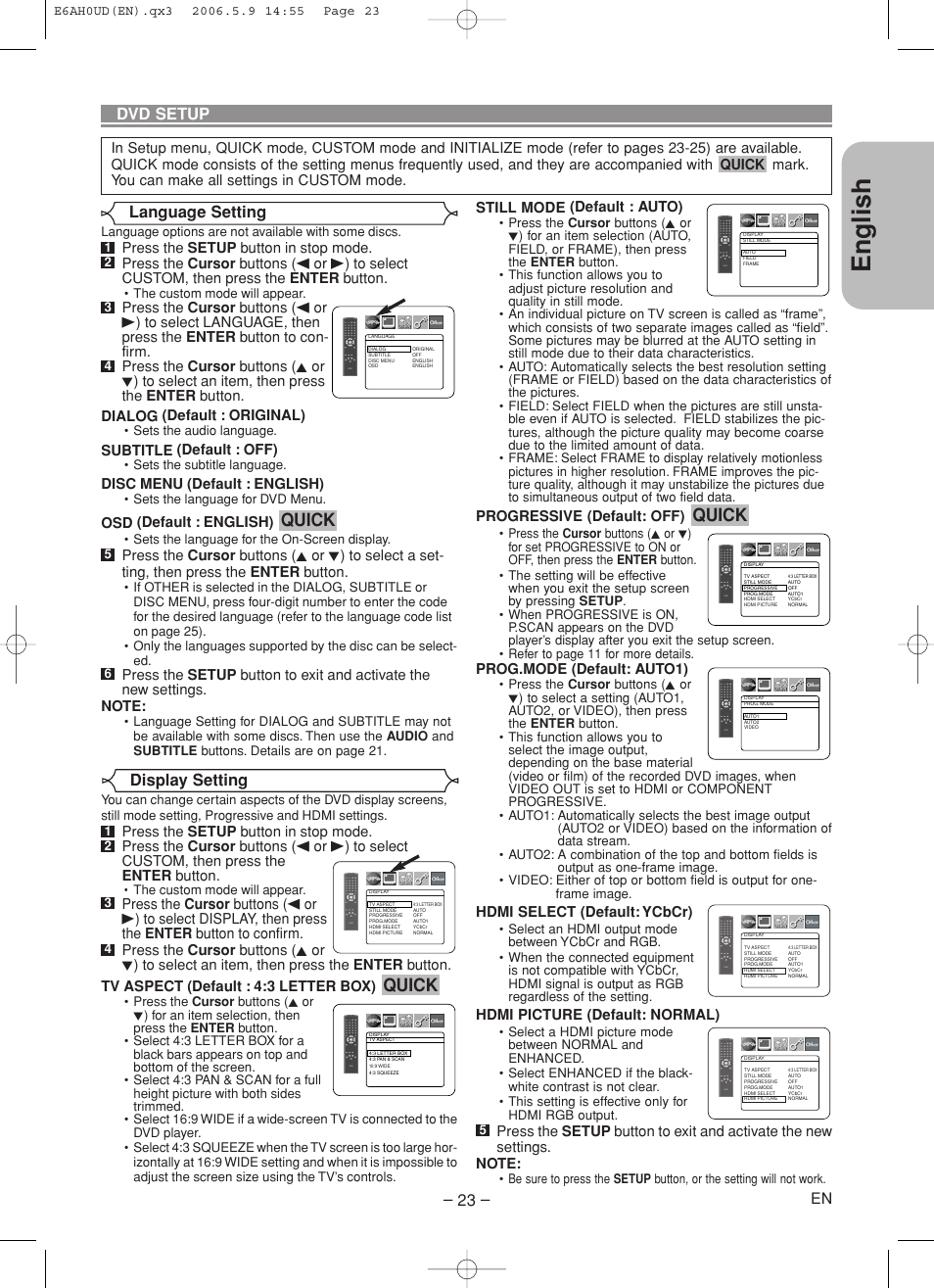 English, Quick, Display setting | Dvd setup, Language setting, Still mode (default : auto), Progressive (default: off), Prog.mode (default: auto1), Hdmi select (default: ycbcr), Hdmi picture (default: normal) | Denon DVD-557 User Manual | Page 23 / 84