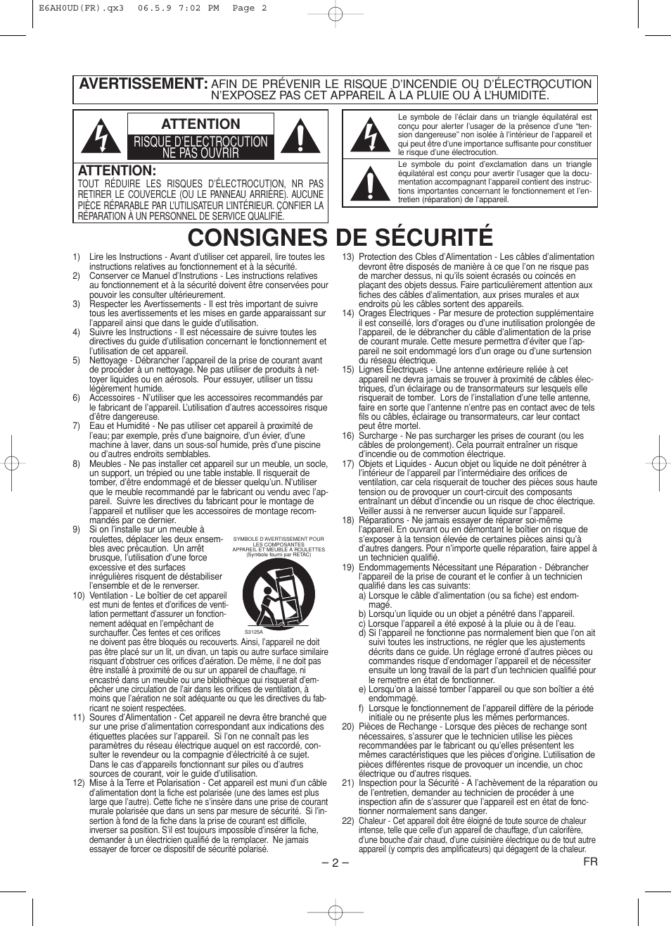 Consignes de sécurité, Avertissement, Attention | Attention risque d’électrocution ne pas ouvrir | Denon DVD-557 User Manual | Page 28 / 84