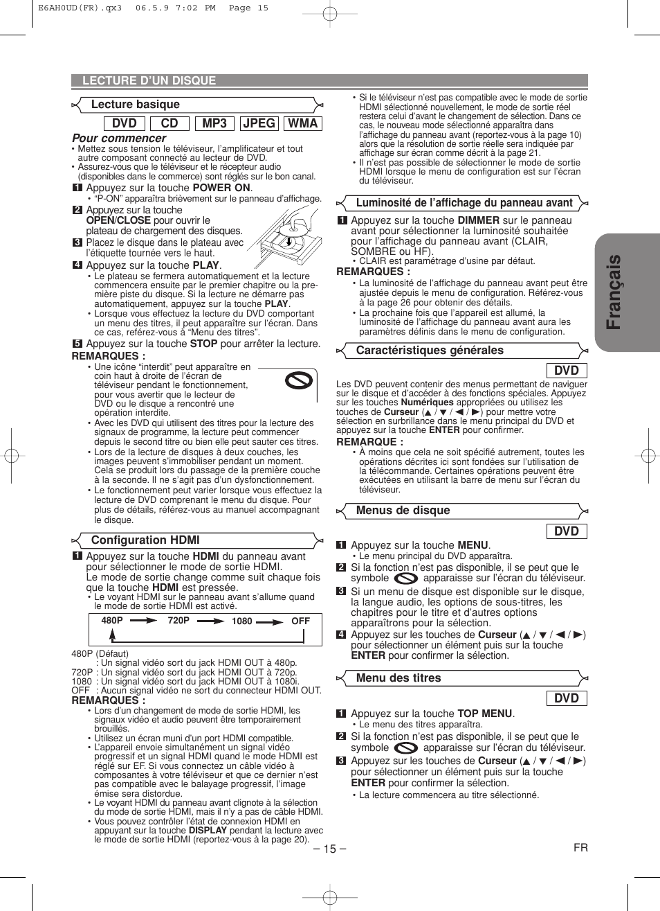 Français, Wma jpeg mp3 cd dvd | Denon DVD-557 User Manual | Page 41 / 84