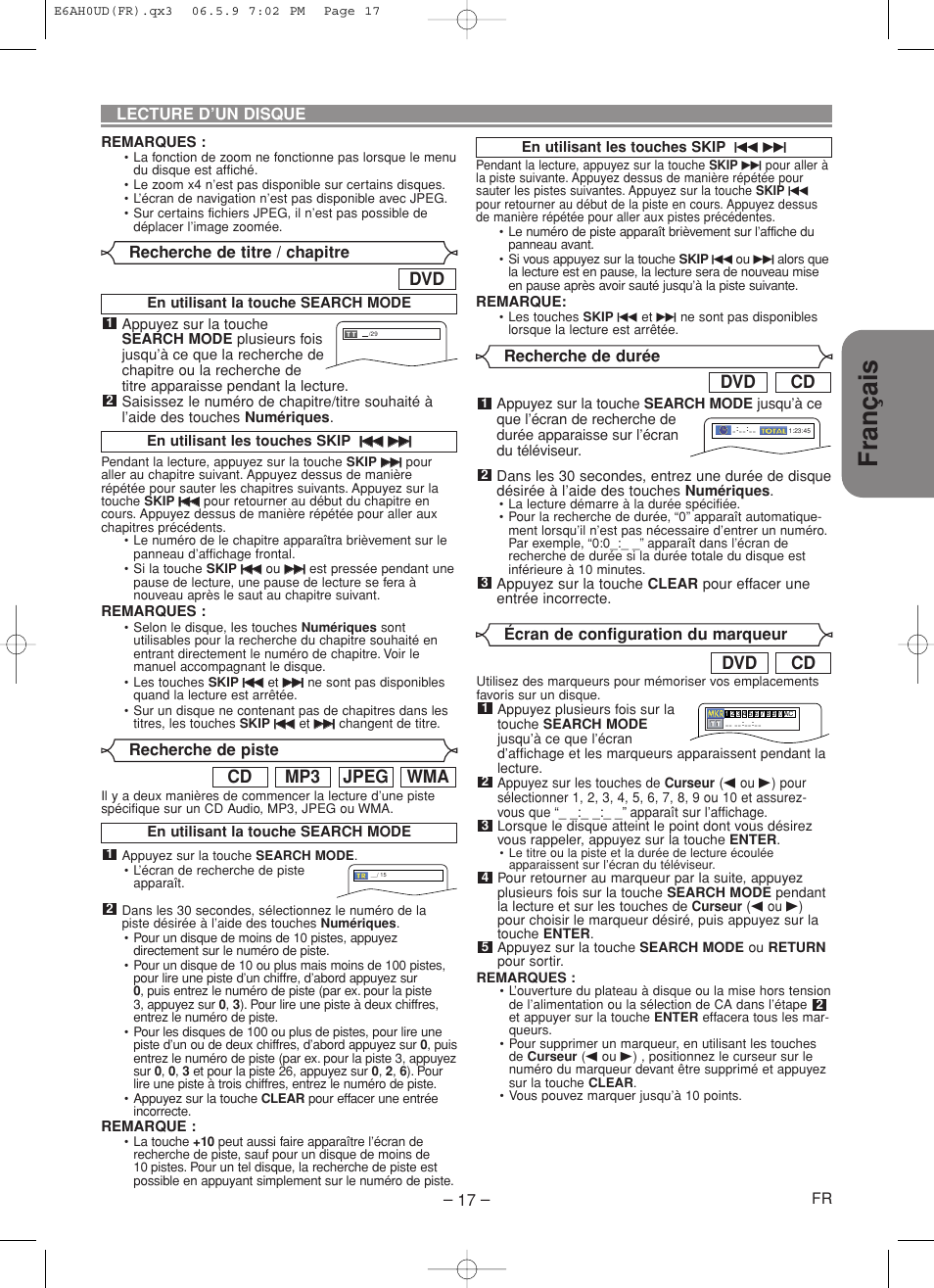 Français, Cd dvd, Wma jpeg mp3 cd | Denon DVD-557 User Manual | Page 43 / 84