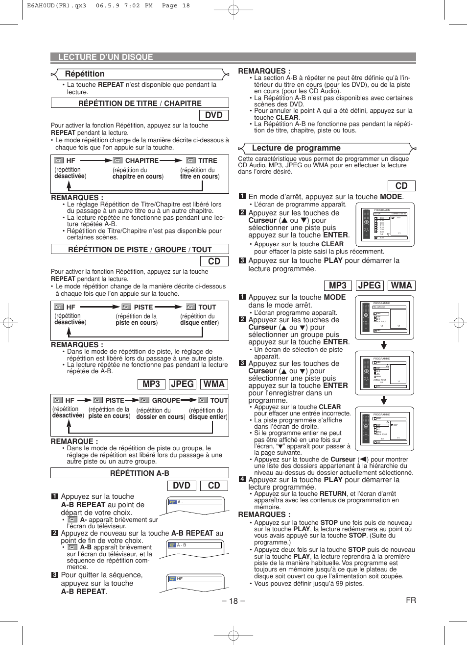 Cd dvd, Wma jpeg mp3, Lecture d’un disque | Lecture de programme, Répétition, Répétition a-b, En mode d’arrêt, appuyez sur la touche mode, Appuyez sur la touche mode dans le mode arrêt, Remarques, Remarque | Denon DVD-557 User Manual | Page 44 / 84