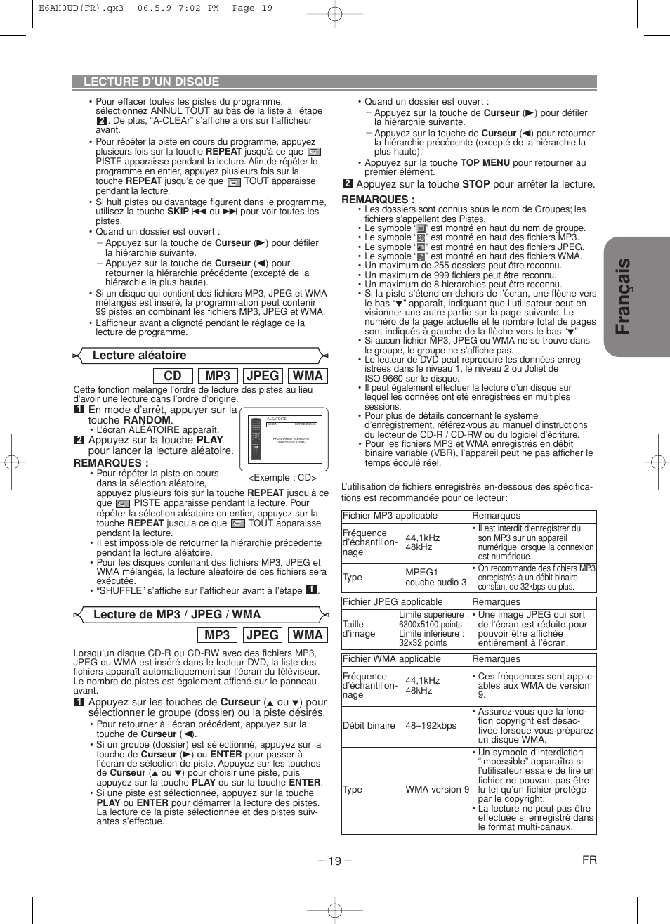 Français, Wma jpeg mp3 cd, Wma jpeg mp3 | Denon DVD-557 User Manual | Page 45 / 84