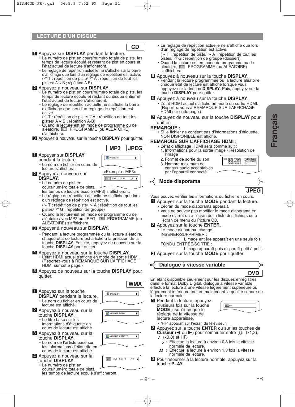 Français, Jpeg, Jpeg mp3 | Denon DVD-557 User Manual | Page 47 / 84