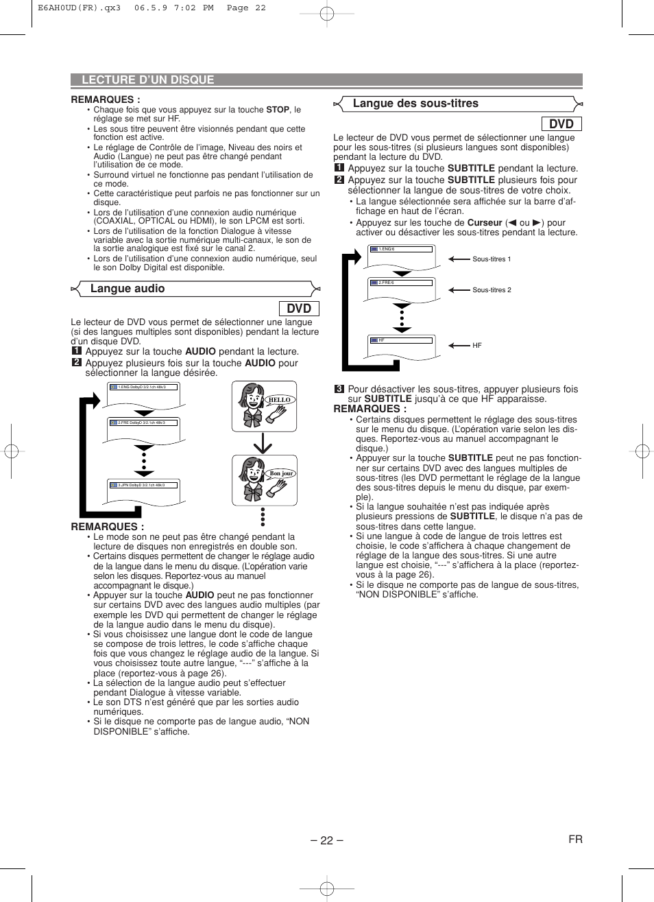 Lecture d’un disque, Langue audio, Langue des sous-titres | Denon DVD-557 User Manual | Page 48 / 84