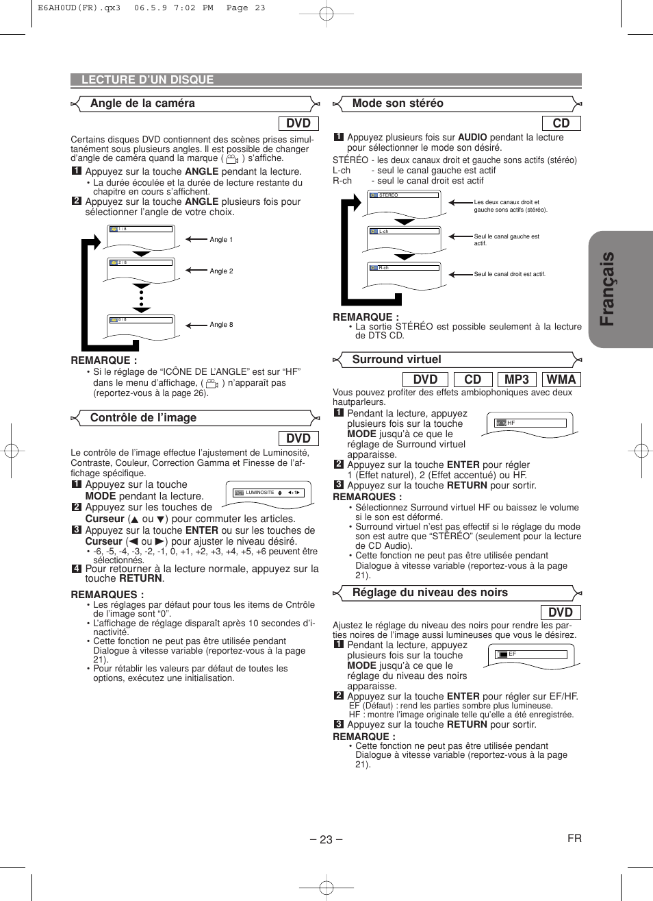 Français, Wma mp3 cd dvd | Denon DVD-557 User Manual | Page 49 / 84