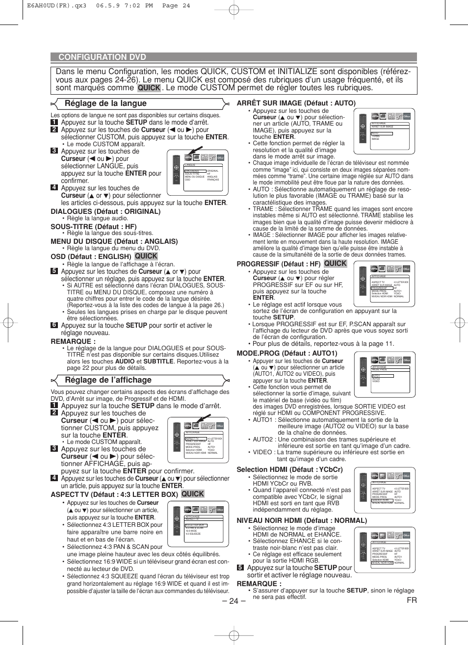 Configuration dvd, Réglage de la langue, Réglage de l’affichage | Quick, Sous-titre (défaut : hf), Menu du disque (défaut : anglais), Osd (défaut : english), Arrêt sur image (défaut : auto), Progressif (défaut : hf), Mode.prog (défaut : auto1) | Denon DVD-557 User Manual | Page 50 / 84