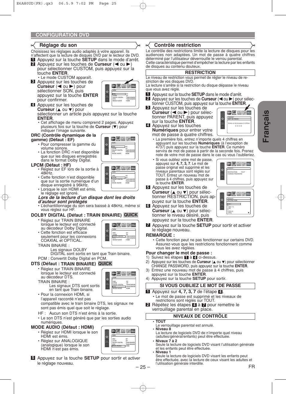 Français, Réglage du son, Contrôle restriction | Configuration dvd, Lpcm (défaut : hf), Dolby digital (défaut : train binaire), Dts (défaut : train binaire), Mode audio (défaut : hdmi), Appuyez sur la touche setup pour sortir, Quick | Denon DVD-557 User Manual | Page 51 / 84