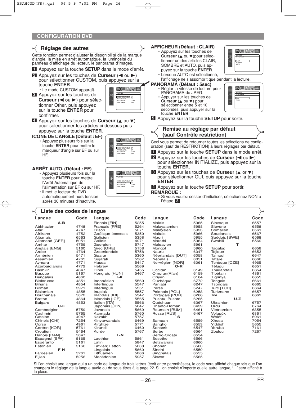 Configuration dvd, Réglage des autres, Liste des codes de langue | Arrêt auto. (défaut : ef), Afficheur (défaut : clair), Panorama (défaut : 5sec), Appuyez sur la touche setup pour sortir | Denon DVD-557 User Manual | Page 52 / 84