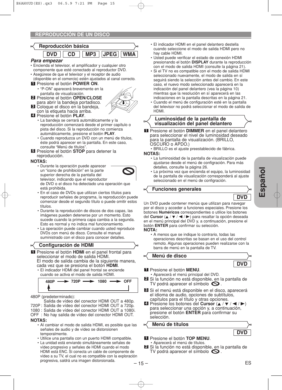 Español, Wma jpeg mp3 cd dvd | Denon DVD-557 User Manual | Page 69 / 84