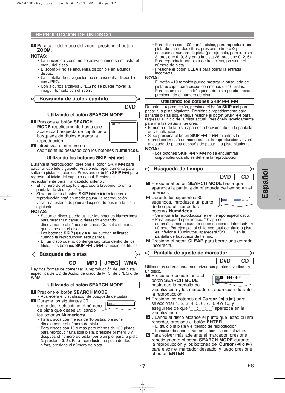 Español, Wma jpeg mp3 cd, Cd dvd | Denon DVD-557 User Manual | Page 71 / 84