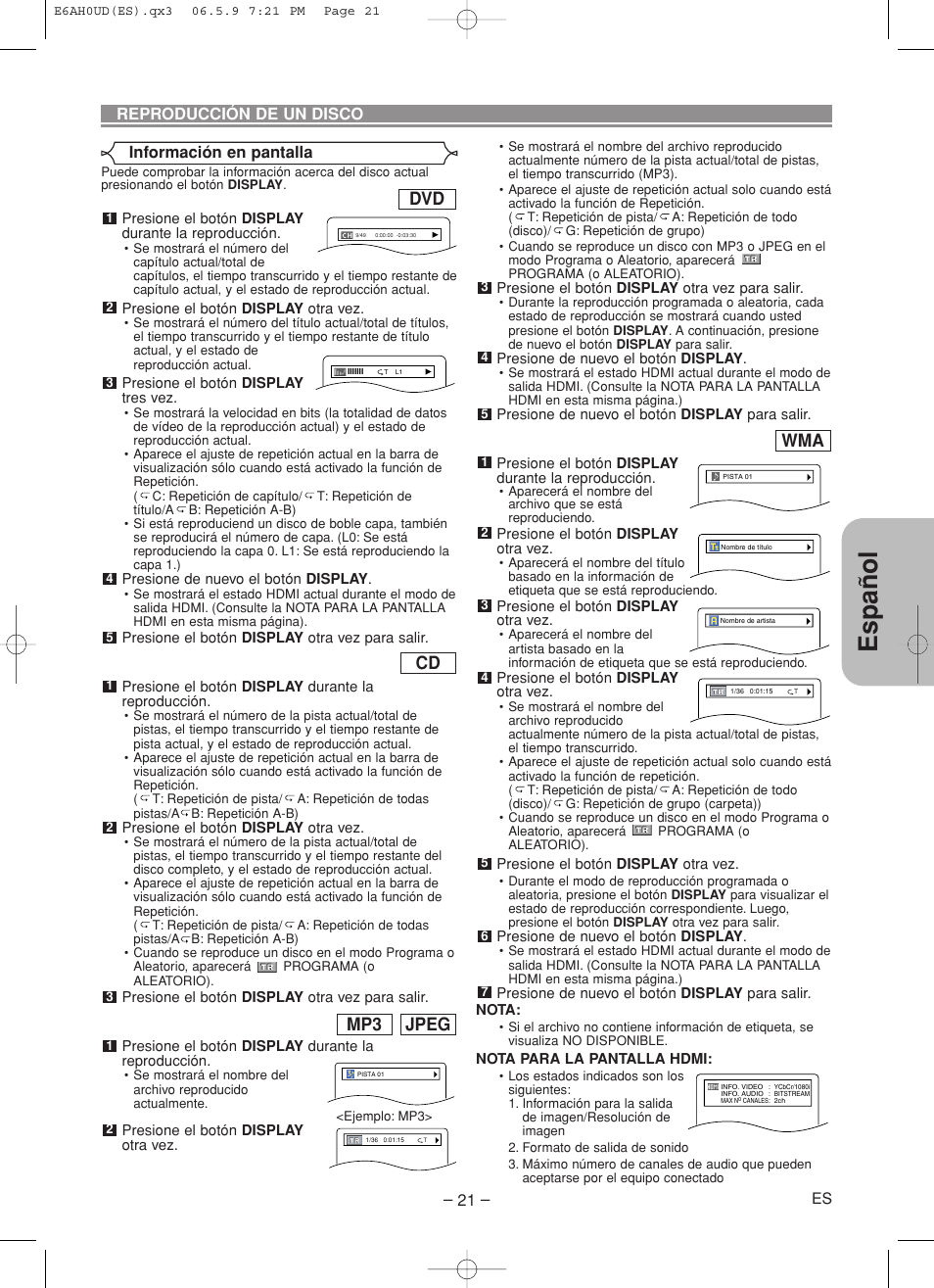 Español, Jpeg mp3 | Denon DVD-557 User Manual | Page 75 / 84