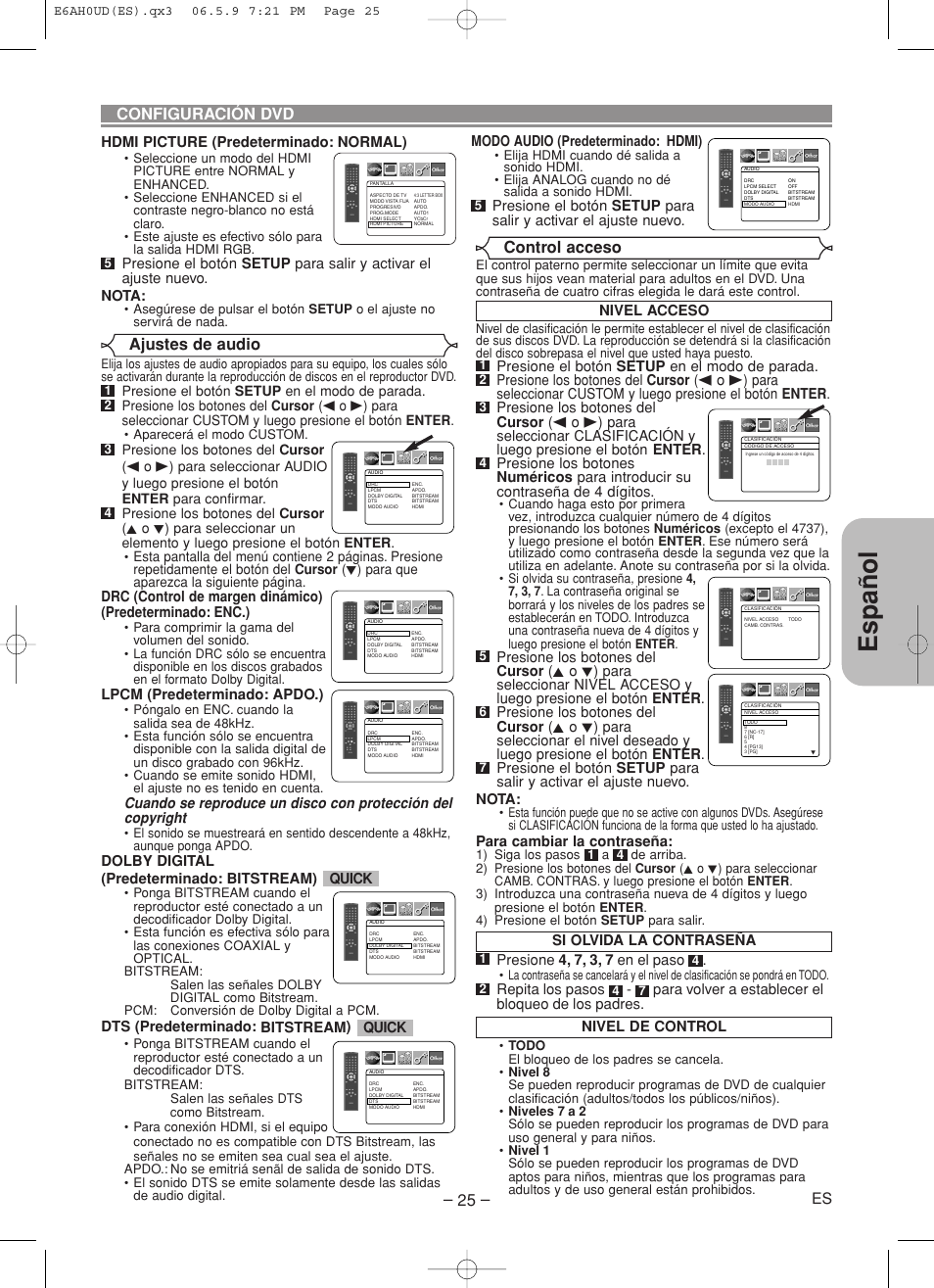 Español, Ajustes de audio, Control acceso | Configuración dvd, Lpcm (predeterminado: apdo.), Dolby digital (predeterminado: bitstream), Dts (predeterminado: bitstream), Quick, Nivel acceso, Para cambiar la contraseña | Denon DVD-557 User Manual | Page 79 / 84