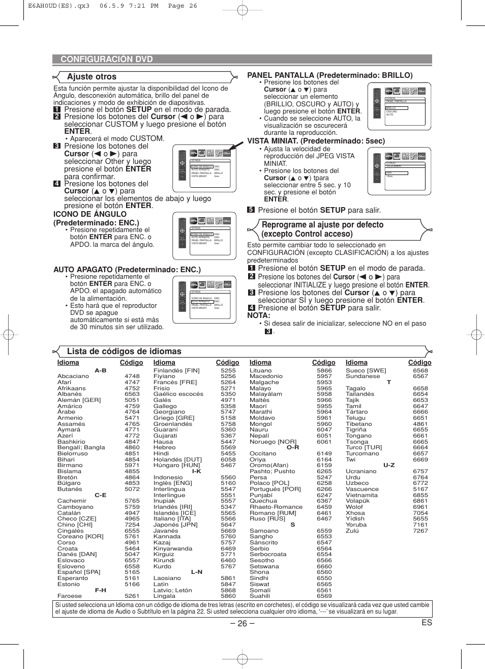 Configuración dvd, Lista de códigos de idiomas ajuste otros, Custom | Auto apagato (predeterminado: enc.), Panel pantalla (predeterminado: brillo), Vista miniat. (predeterminado: 5sec), Presione el botón setup para salir | Denon DVD-557 User Manual | Page 80 / 84