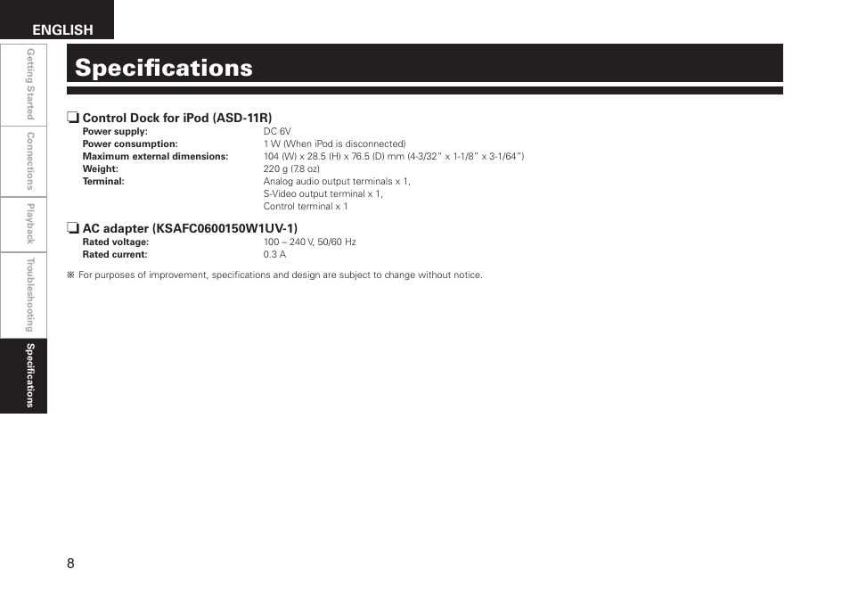 Specifications, English | Denon ASD-11R User Manual | Page 12 / 13