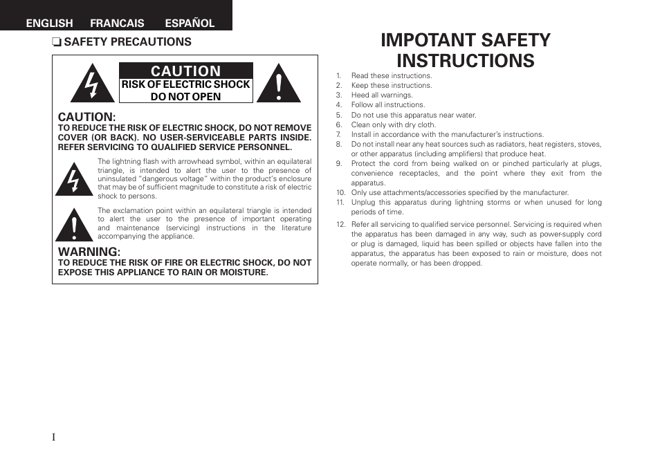 Impotant safety instructions, Caution, Warning | Denon ASD-11R User Manual | Page 2 / 13