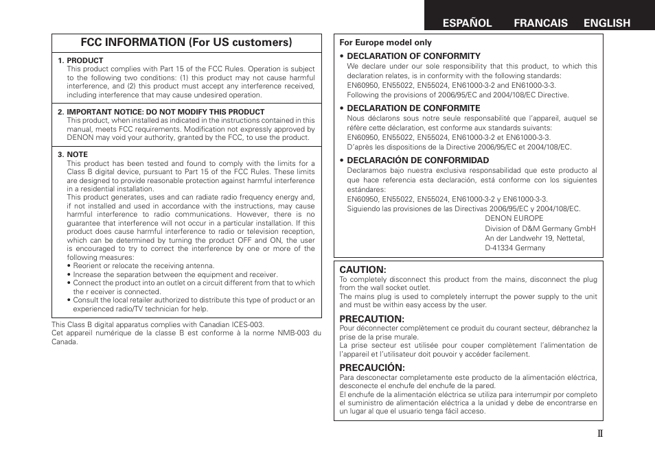 Fcc information (for us customers), Español francais english | Denon ASD-11R User Manual | Page 3 / 13